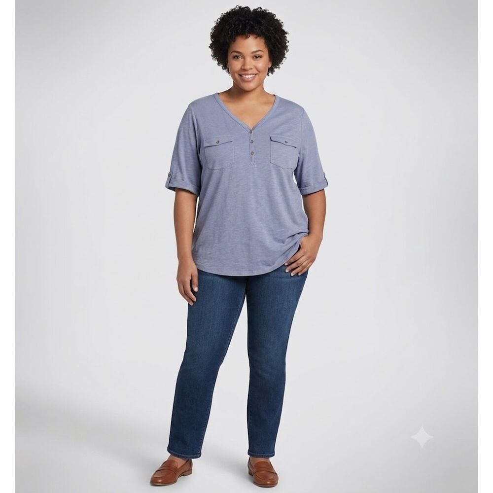 Plus Size 2X Croft & Barrow Henley Shirt Blue Button Front Short Sleeve